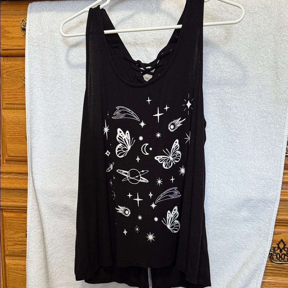 NOBO Black Tank Top with Celestial and Butterfly Design